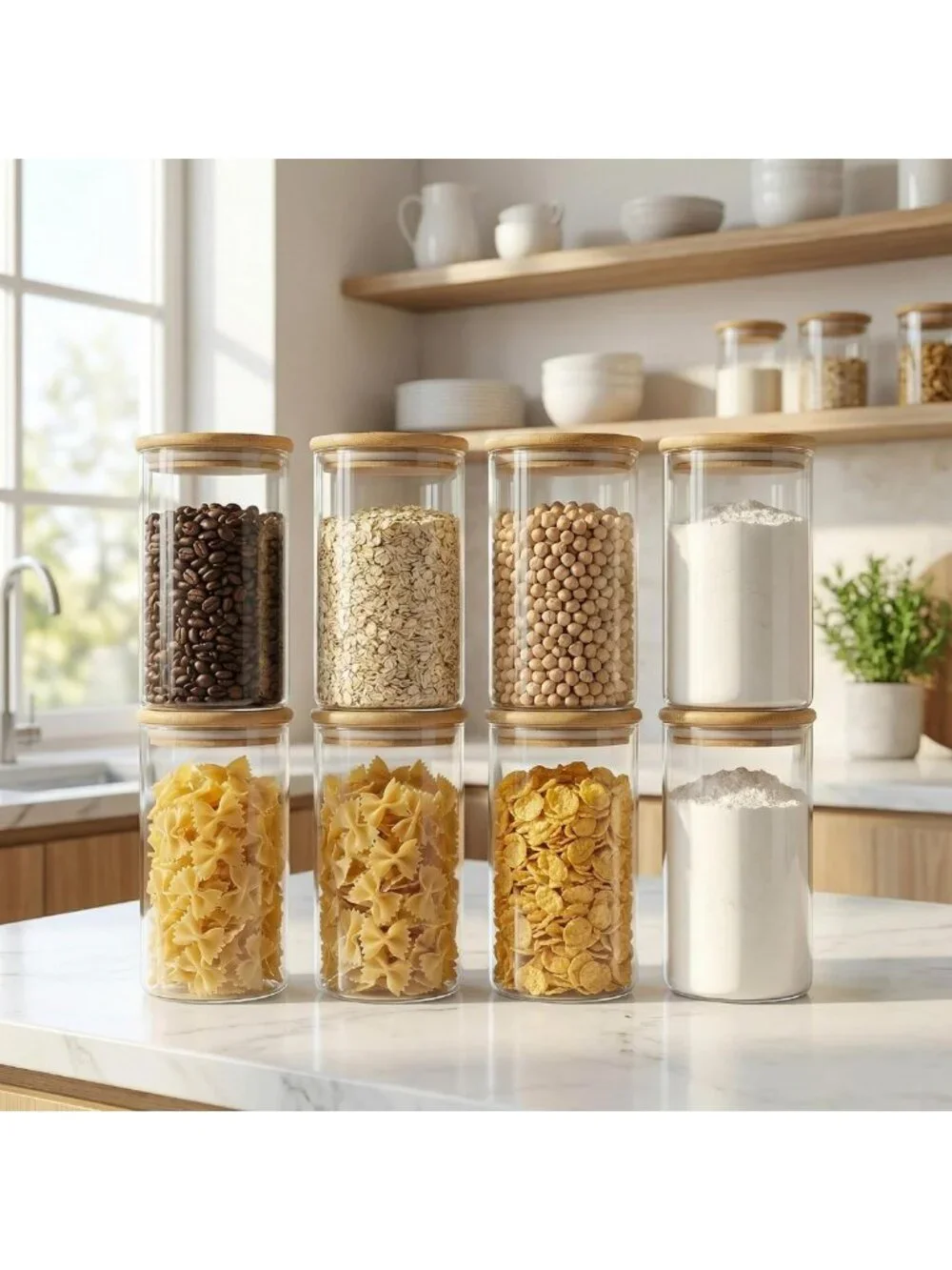 Airtight Glass Storage Jars with Bamboo Lids - Set of 8 Canisters for Kitchen